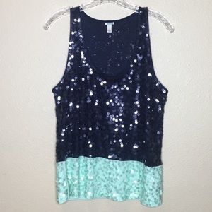J CREW Navy/Mint Sequined Tank